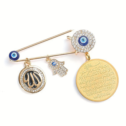 Arabian style Turkish evil eye brooch featuring Fatima hand design, a fashionable and protective amulet for Muslim men. Perfect as a gift for Islamic individuals.