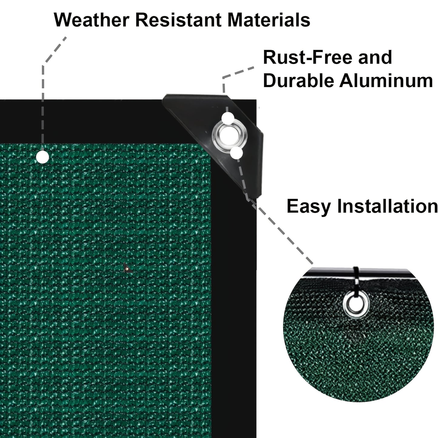 Durable polypropylene privacy screen with grommets for UV protection in indoor/outdoor use.