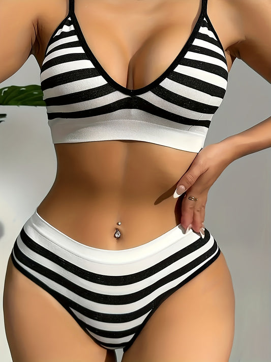 Striped color contrast women's lingerie set with triangle cup wireless bra and matching pants.