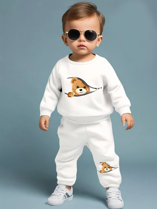 Popular European and American baby boys' teddy bear printed hoodie and sweatpants set for autumn and winter.