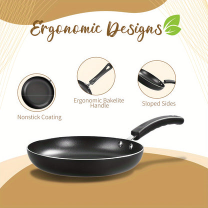 Set of 3 nonstick frying pans, suitable for induction cooking. Includes pans in sizes 20.32cm, 24.13cm, and 27.94cm, perfect for making omelettes and frying eggs. PFOA and PFAS free, safe for kitchen cooking.