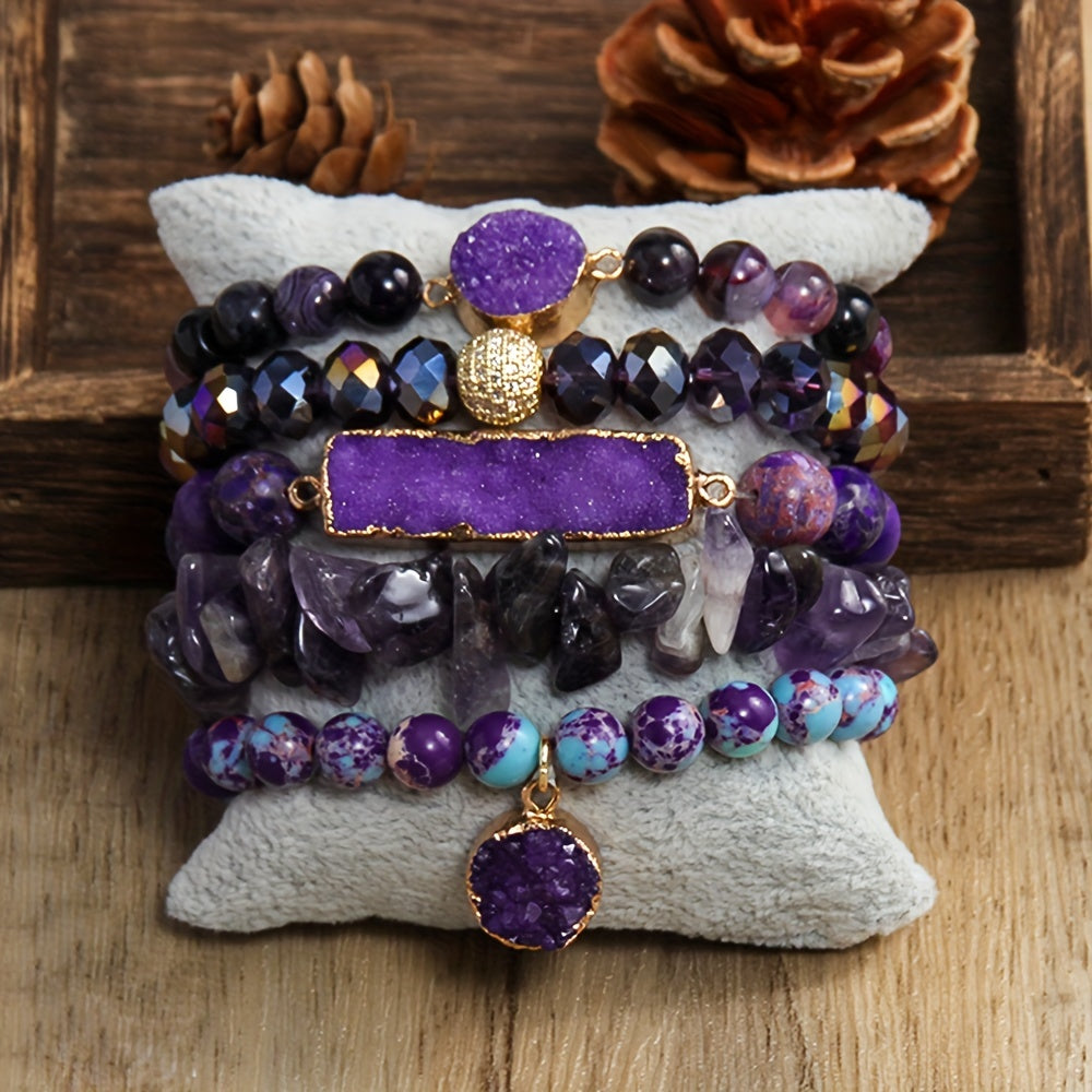 Set of 5 Bohemian Classic Beaded Bracelets featuring Natural Stone Druzy Gravel Glass, February Birthstone, Elastic Stackable design for Daily & Vacation Wear, accented with Synthetic Zirconia for a touch of elegance, perfect for all seasons.