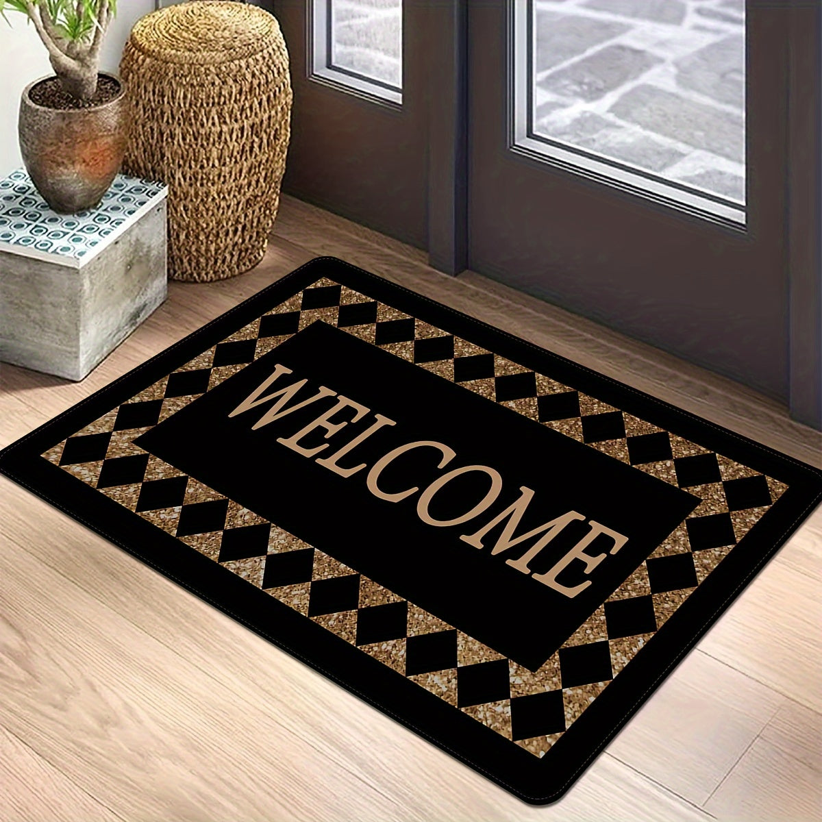 Creative Plaid Print Doormat featuring a Chic Monogram Pattern. This Non-Slip, Stain-Resistant Foyer Pad is perfect for high-traffic areas such as the Laundry Room, Bathroom, Entryway, or any room in the home. Makes a great homecoming gift or spring