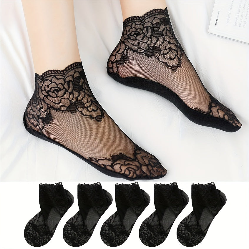 1 Pair/5 Pairs of Fashion Lace Trim Short Socks for Women, Semi-Transparent and Lightweight