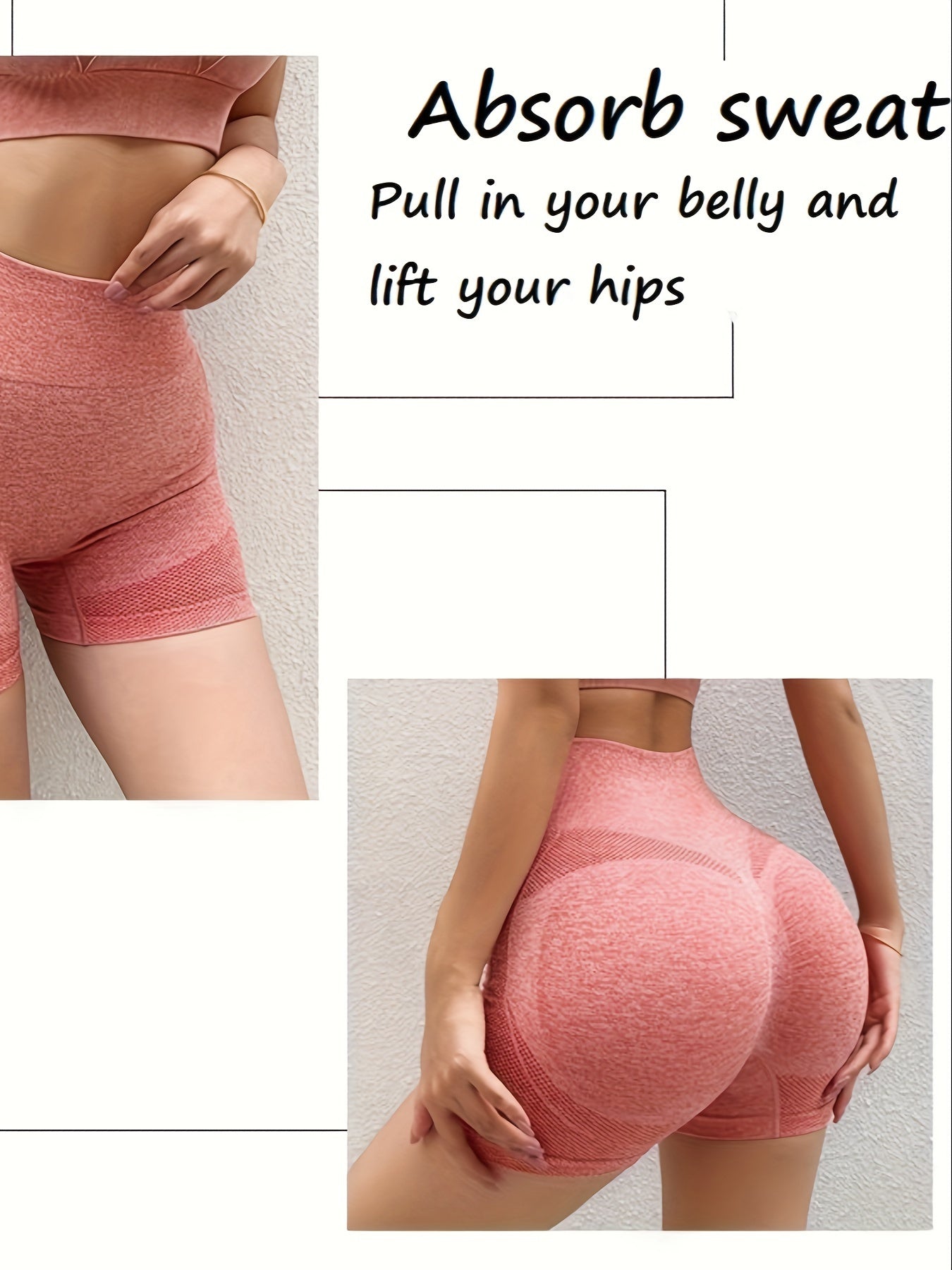 High-waisted tummy control yoga shorts with peach lift, butt lifter, made of knit polyester fabric, solid color, lined and comfortable for exercise.