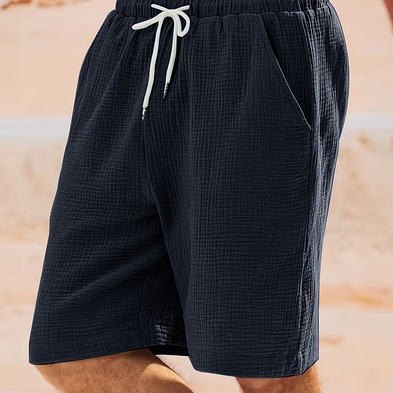 Men's solid color woven casual shorts with pockets, loose fit, perfect for beach, vacation, or weekend casual wear.