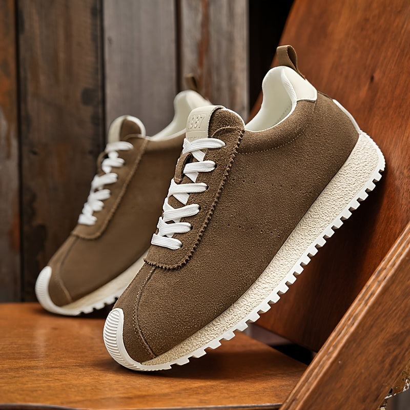 Men's vintage brown sneakers with white rubber sole, lace-up, round toe - durable and comfortable for various occasions.