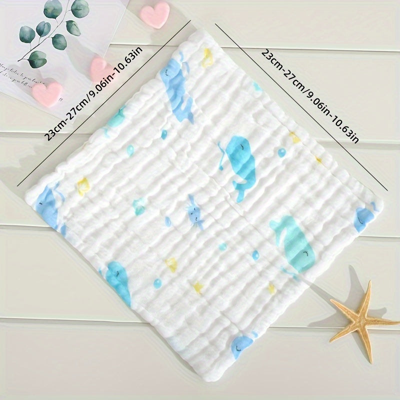 Five pieces of cotton muslin washcloths, soft face cloth for newborns. These absorbent, soft towels are gentle on sensitive baby skin, perfect for wiping, burping, or using as face cloths. Each cloth measures 29.97x29.97 cm.