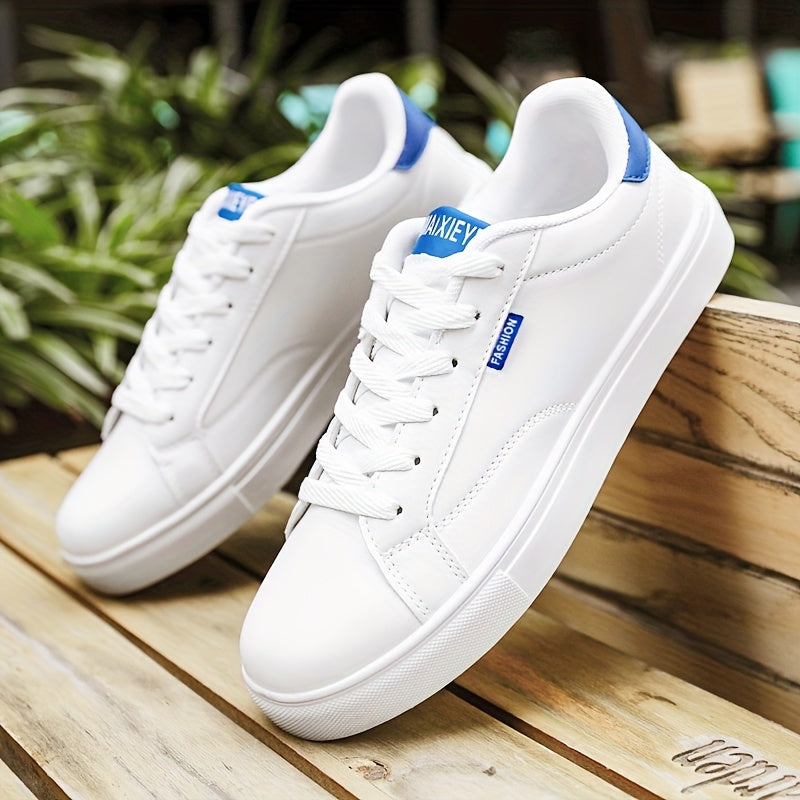 Men's casual skate shoes with solid color, low top lace-up design, PU upper, fabric lining, EVA insole, and rubber sole. Versatile for spring/summer and fall, suitable for casual wear.