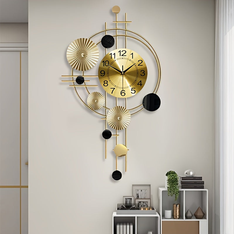 Contemporary Nordic-style wall clock with geometric design, large numbers, and digital display. Battery-powered and perfect for home decor. Iron construction.