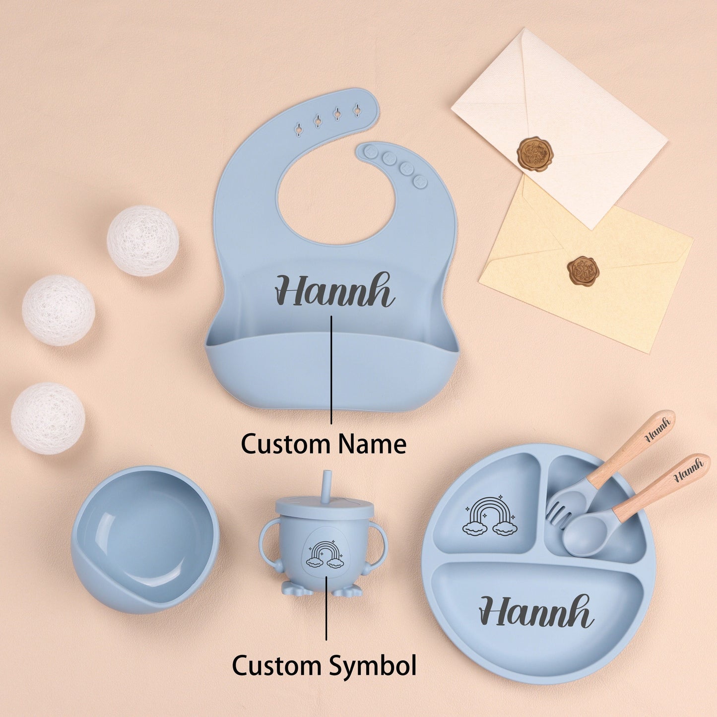 Customized Silicone Feeding Set - Personalized Weaning Set with Child's Name, Including Bowl, Cup, Bib, Spoon, and Fork - Perfect Baby Shower Present for Children Ages 3-6