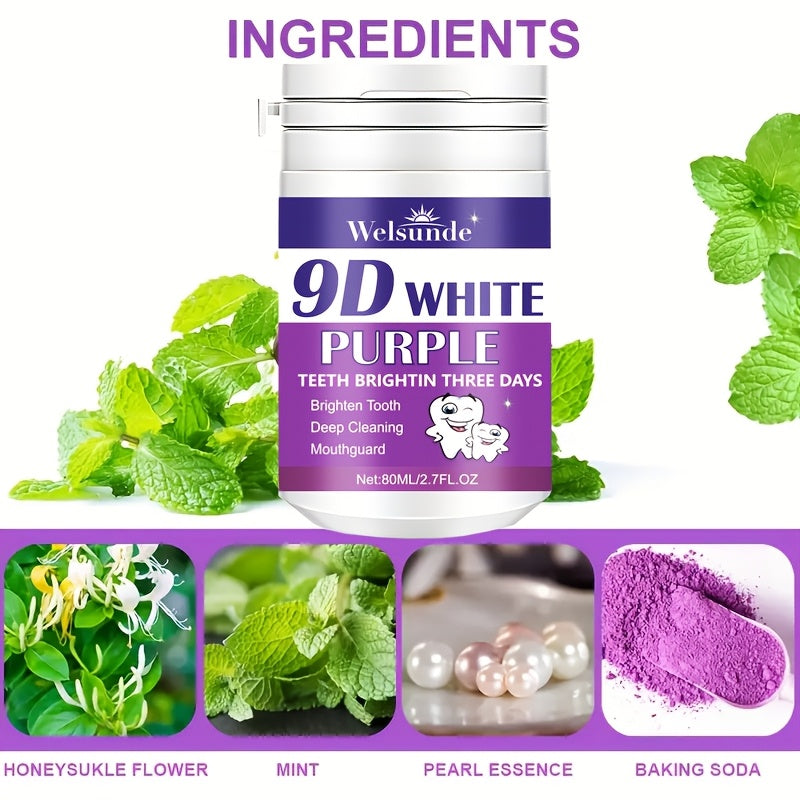 Welsunde 9D White Purple Tooth Powder: Deep cleans, brightens teeth, and freshens breath. Ideal for daily use and travel. 80g.