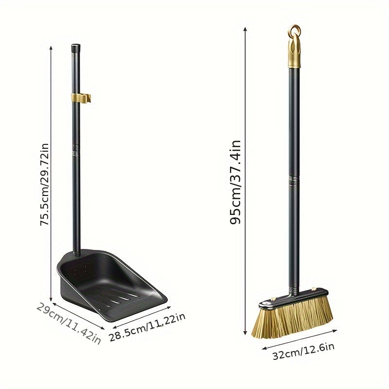 Sturdy Metal Broom and Dustpan Set with Long Stainless Steel Handle, Ideal for Home, Kitchen, Bedroom, Outdoor, and Patio Cleaning. Stand-Up Design for Easy Use.