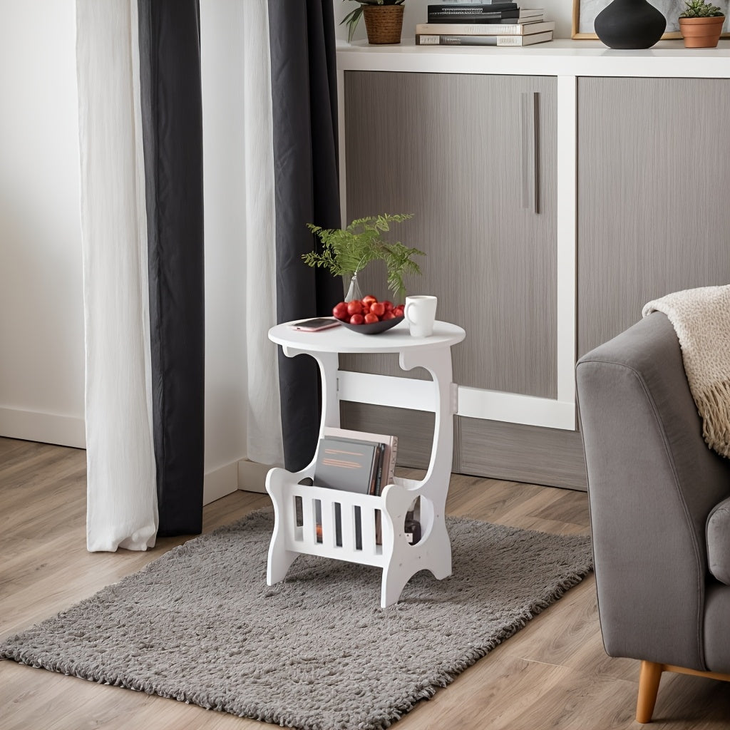 Introducing the 1pc Modern White Wooden Mini Round Side Table featuring a Storage Shelf. This table boasts a Creative Simple Design, making it Ideal for Travel, Outdoor use, and Small Spaces. It is also Easy to Assemble, with a Leg-Based Structure that