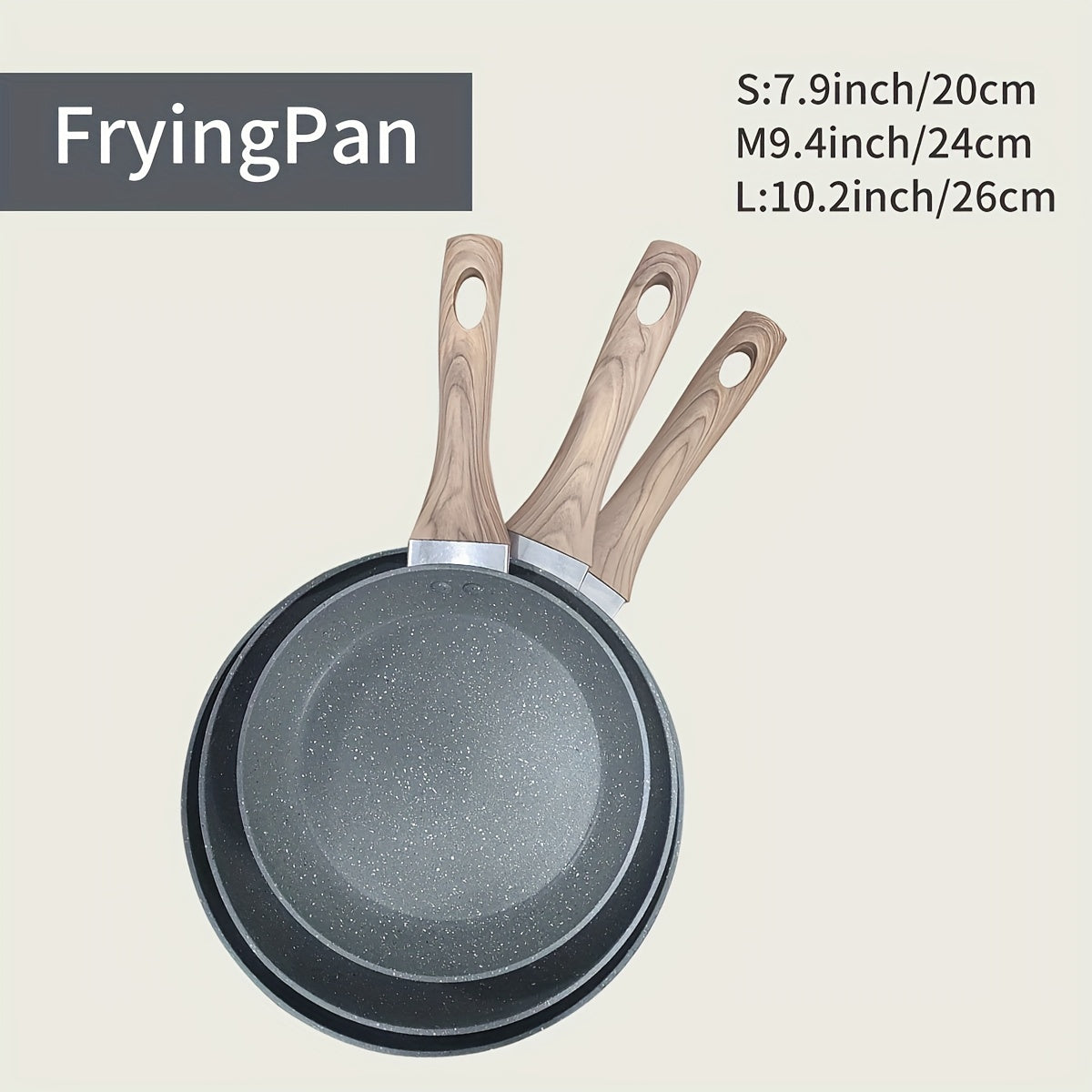 Non-stick aluminum frying pan designed for frying eggs and steaks on household induction cookers and gas stoves. Constructed with gray granite stone for durability.