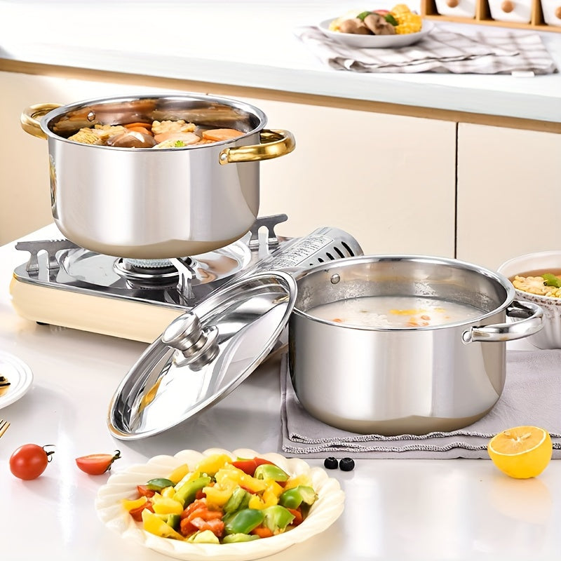 Set of 8 stainless steel pots, including 4 pots and 4 lids. These high-quality pots have a bright surface and are suitable for a variety of uses in the kitchen, restaurant, or for Ramadan supplies. Ideal for soups, noodles, seafood, and more. Stove not