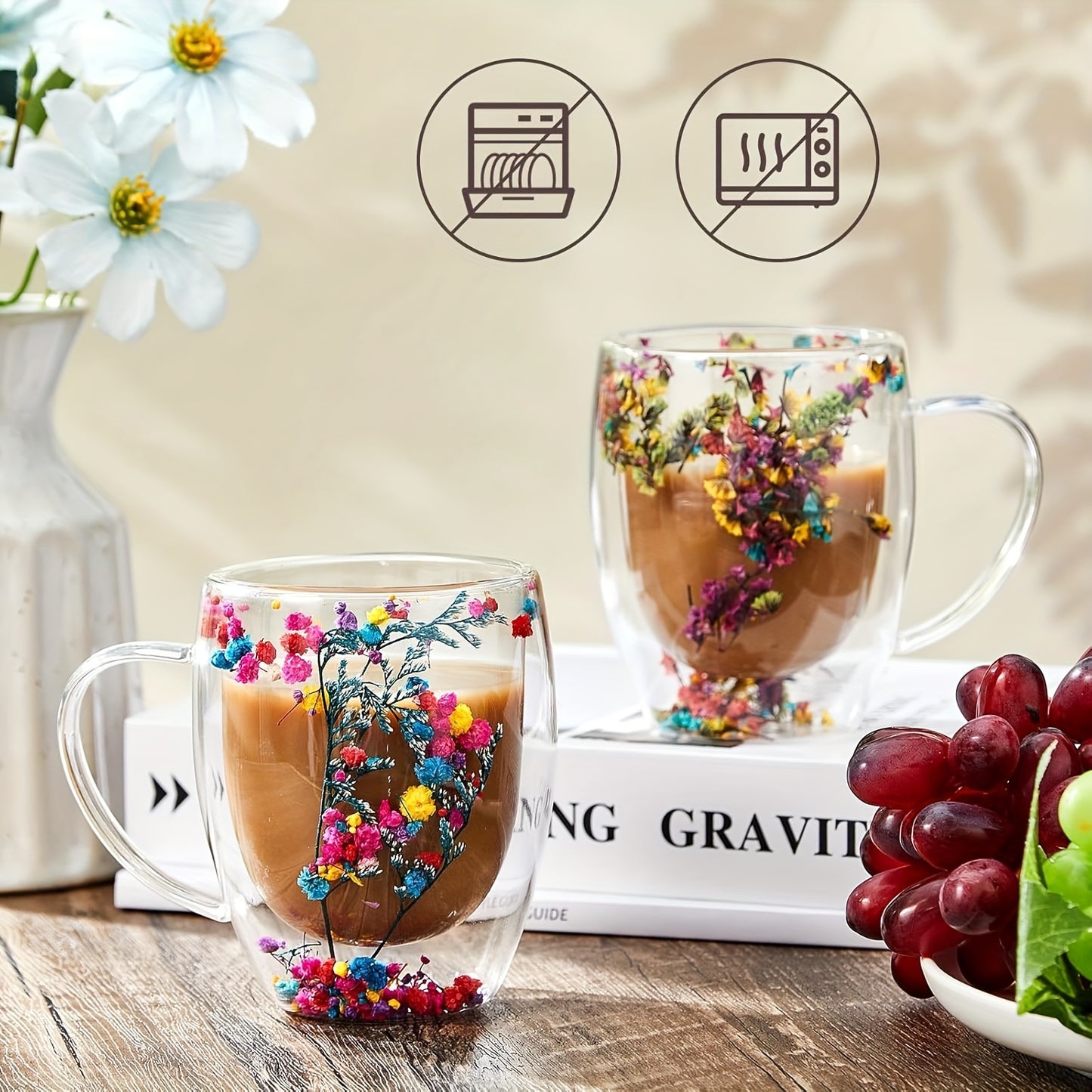 1pc, 10.14oz double layer espresso cup with flowers inside, insulated for all seasons, ideal birthday gift.