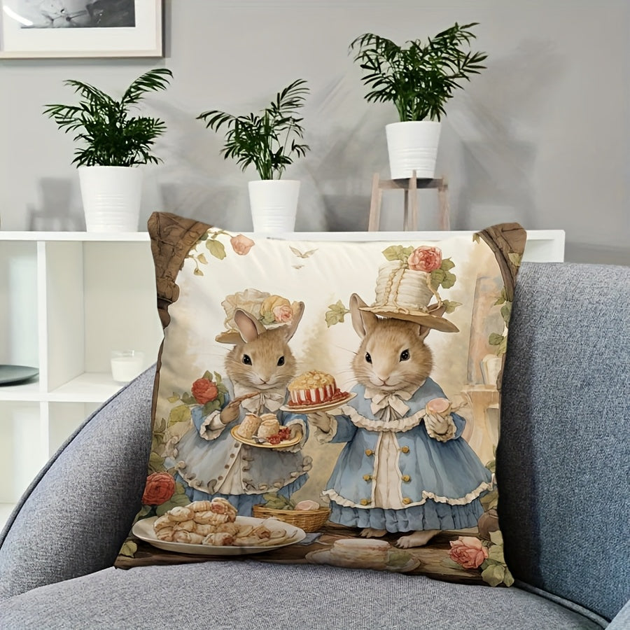 Rabbit Print Throw Pillow Cover made of soft polyester, with zip closure. Machine washable. Perfect for home and car decor. Pillow not included.