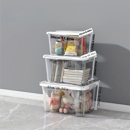 Set of 3 Plastic Storage Boxes with Lids, Convenient portable containers for books, snacks, clothes, toys, makeup and more. Stackable design saves space and keeps belongings organized in bedroom, bathroom, car or anywhere in the house.