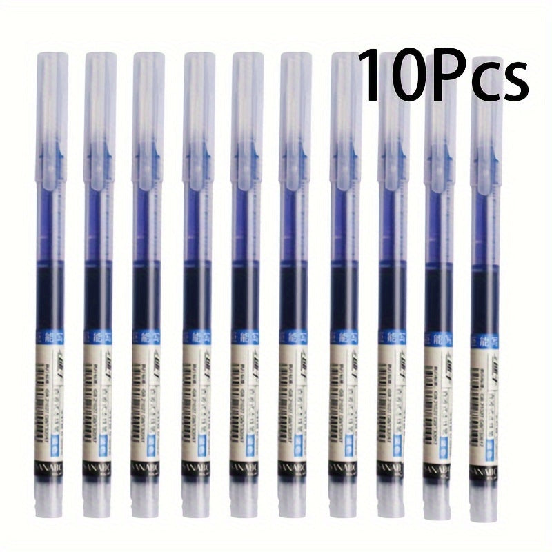 10 gel pens with blue quick-drying ink in liquid and gel formats. Suitable for school, office, and stationery stores. Made of plastic with snap cap closure, round body, and extra fine