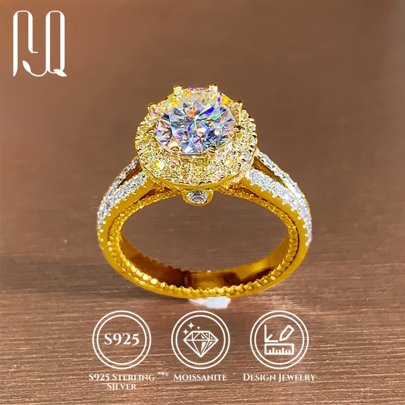 925 Sterling Silver 1 Carat Round Moissanite Crown Ring, Elegant 18K Gold Plated Ring for Men, Perfect Gift for Girlfriend, Ideal for Proposal or Engagement, Wedding Band, Anniversary Surprise. Stunning and unique design, featuring a dazzling 2ct D Color