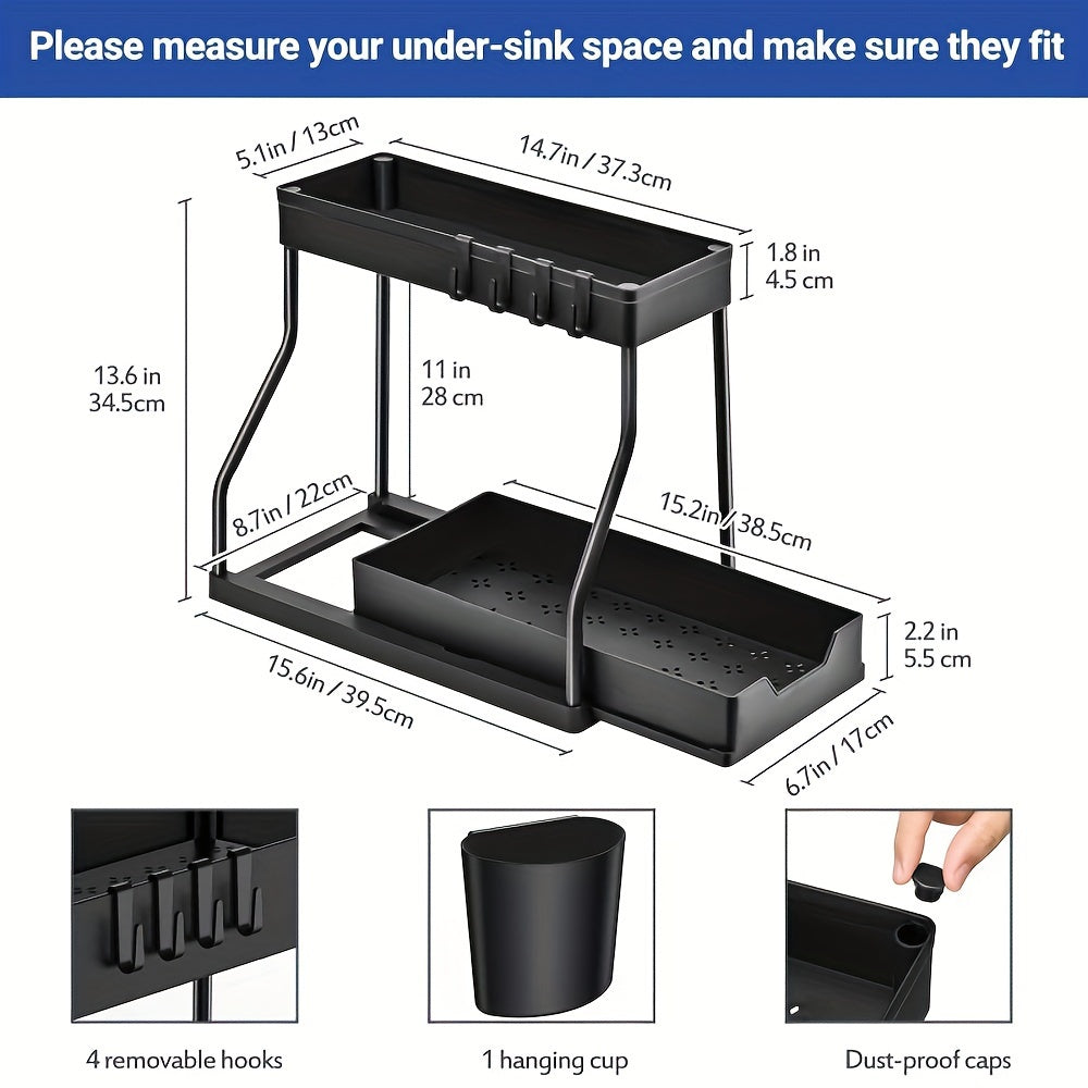 Introducing the Expandable Under Sink Organizer - a 2 Tier Pull-Out Storage Rack with Hooks and Hanging Cup. This multifunctional shelving unit is adjustable and perfect for the kitchen and bathroom. Say goodbye to clutter and hello to organized living