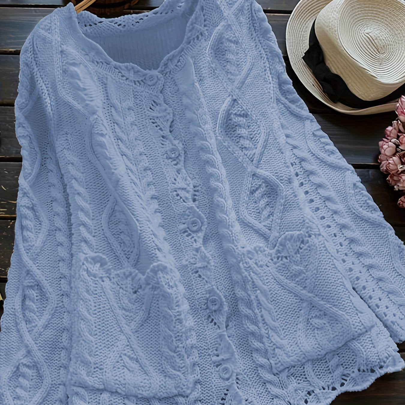 Light blue women's casual cardigan with intricate lace detailing, button-up front, perfect for spring and fall. Made of soft polyester knit with scallop trim and round neck.