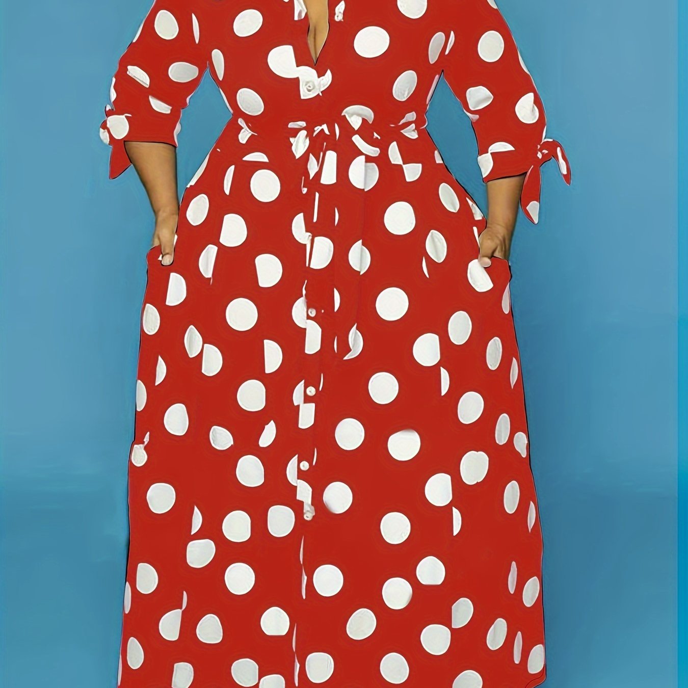 Women's plus size polka dot print maxi dress with collared button-up front and belted waist.