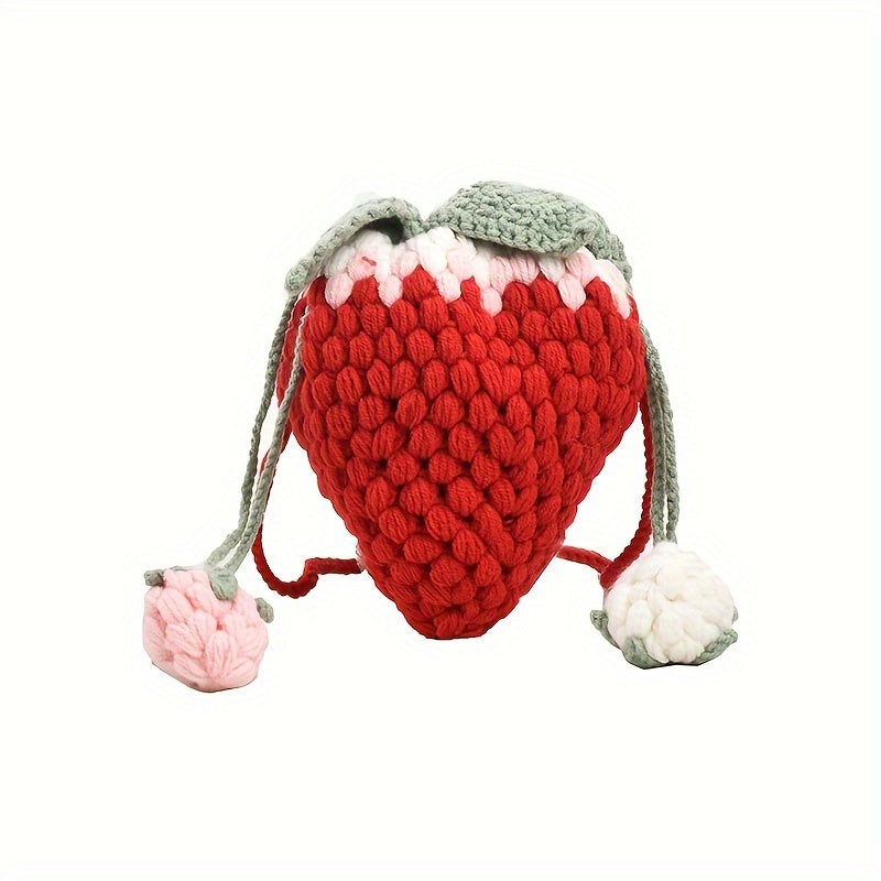 Handmade Strawberries Shoulder Bag, Fashionable Single Strap Bag with Braided Yarn Detail, Trendy and Creative Design in Yellow Yunying Special Collection, Cute and Stylish Women's Bag with Hooked Yarn Strawberries, No Lining, Finished and Ready to Carry.