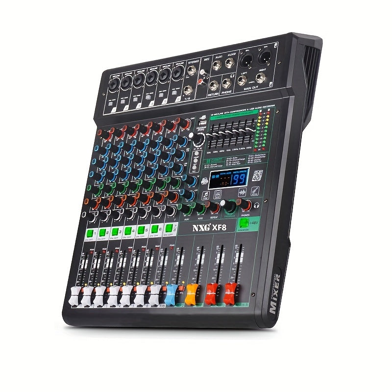 NXG XF8/12/16 Professional Mixer Soundboard with 8/12/16 Channels, USB MP3 Computer Input, 48V Phantom Power, Built-in 99 Reverb Effects, and Recording Function.