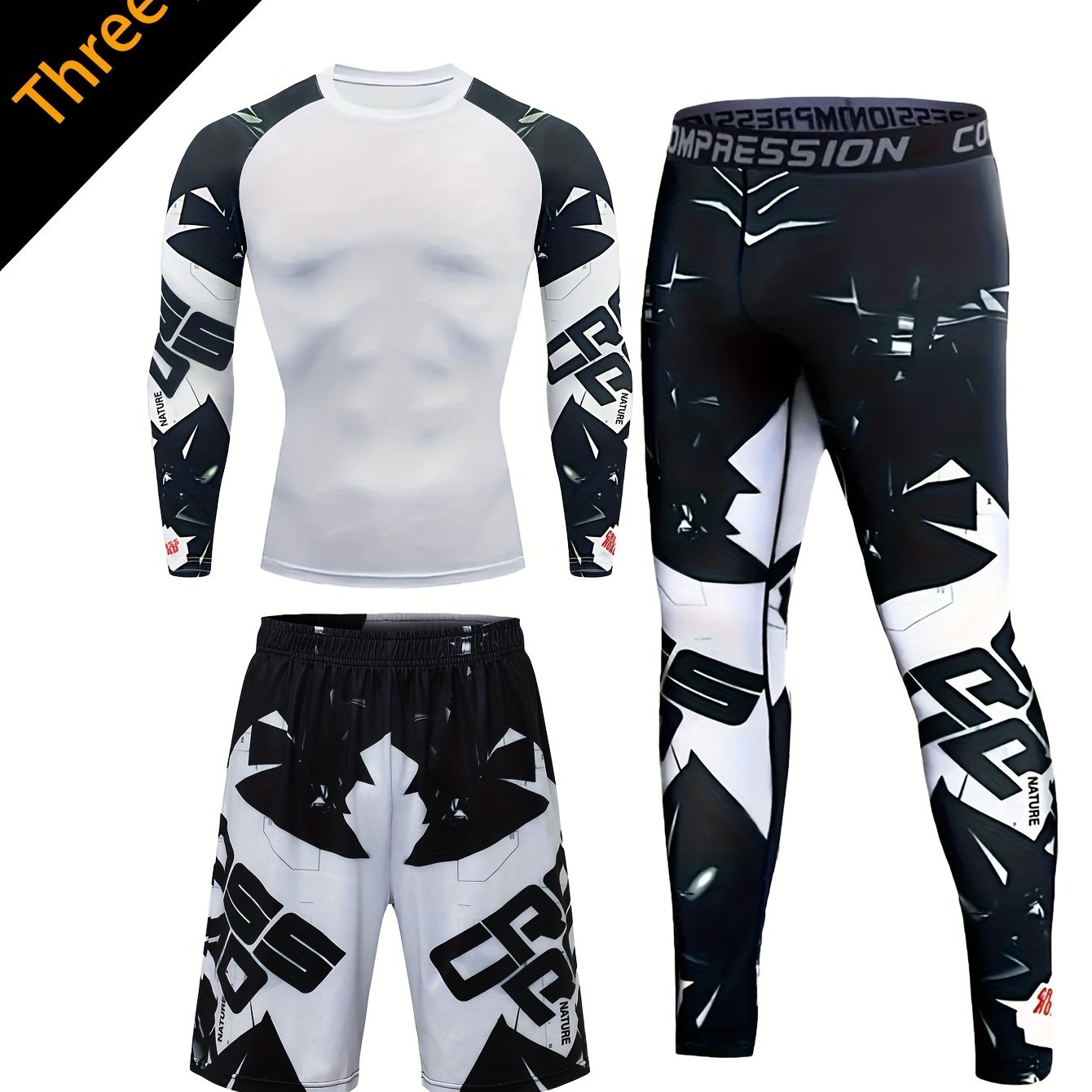 Men's White Camo Compression Sports Set includes a long sleeve top, shorts with pockets, and outdoor fitness gear.