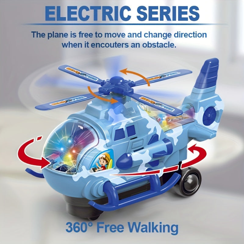 Toy electric helicopter for kids with lights and music, can rotate 360 degrees, made of sturdy plastic, perfect for boys and girls, great for holidays and playtime.