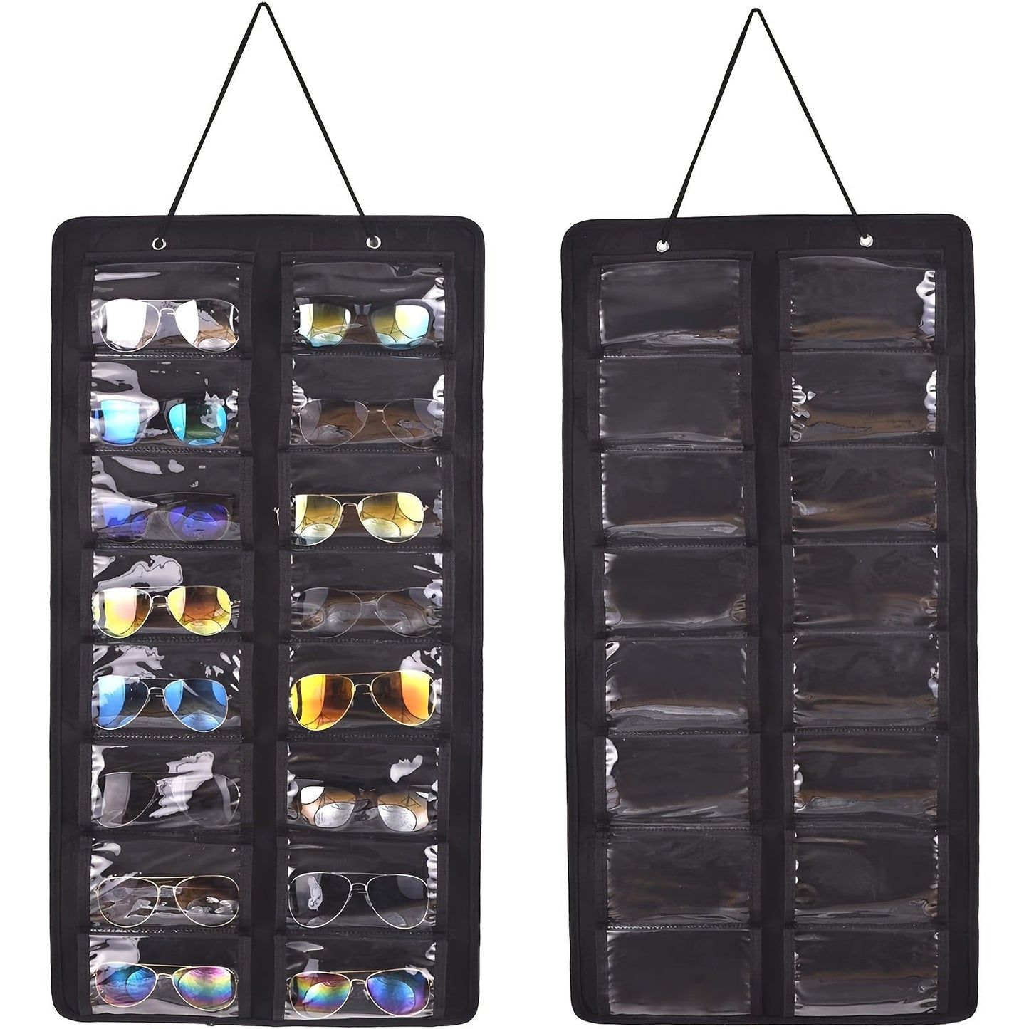 Get yourself the perfect solution for organizing your glasses with this 16-Slot Glasses Organizer. This hanging PVC wall pocket is dust-proof and includes a metal hook and sturdy rope for easy hanging. Ideal for storing women's fashion accessories, this