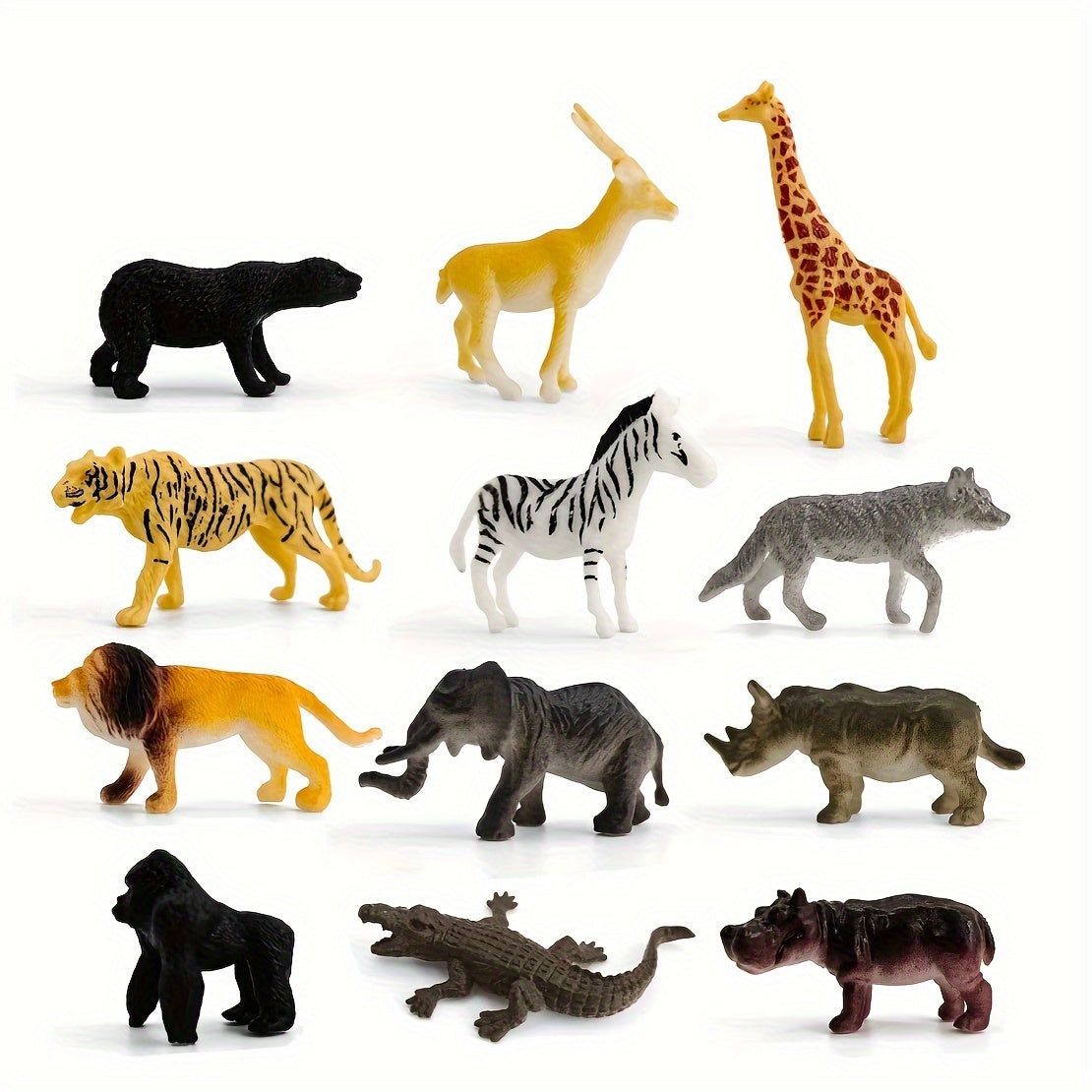 Wildlife Animal Figurines Set includes 12 pieces such as Lion, Tiger, Crocodile, Giraffe, Zebra, Elephant, and more. Suitable for ages 3+.