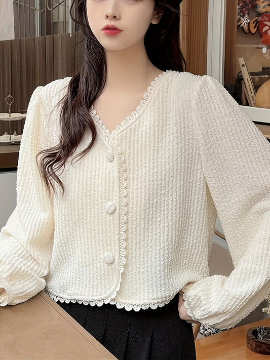 Minimalist Solid Color Button Front Blouse, Long Sleeve Casual Wear for Women in Spring & Fall