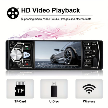 Portable car multimedia video player with car radio supporting 14 languages, USB/AUX/FM, remote control, and no battery.