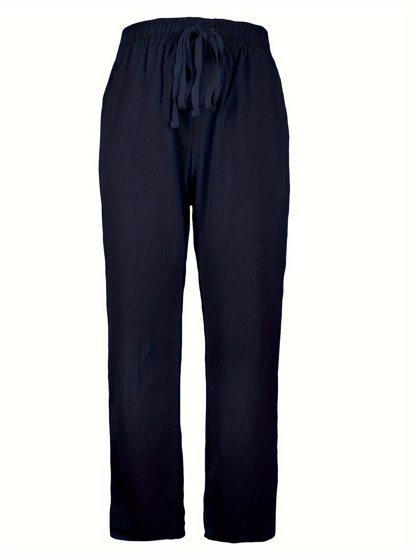 Women's polyester pants with elastic waist and drawstring, straight leg, solid color, woven style, all season.