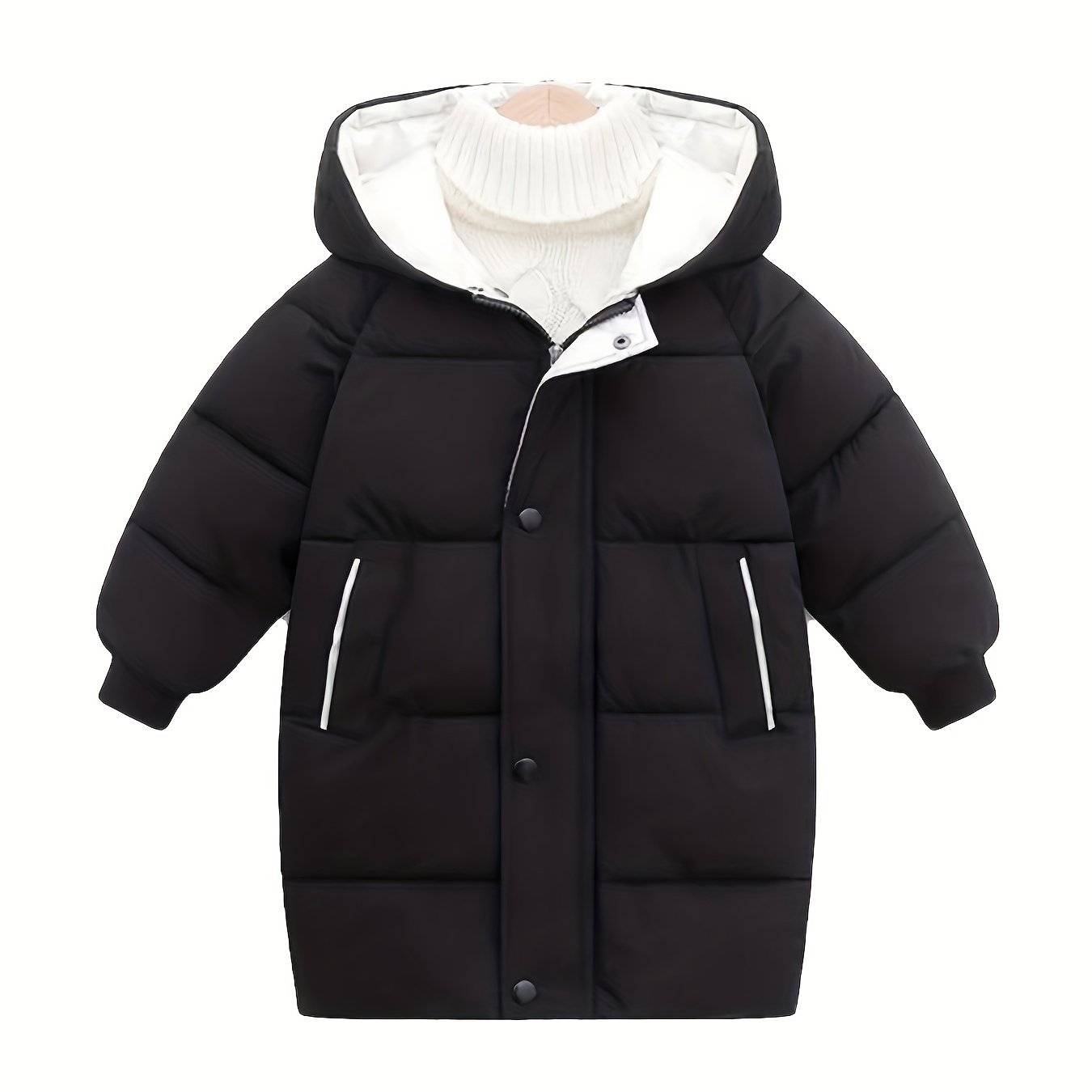 Kids' mid-length hooded coat made of 100% windproof polyester for warmth in fall/winter. Casual style with zipper and regular fit. Solid color raglan sleeves and thick material.