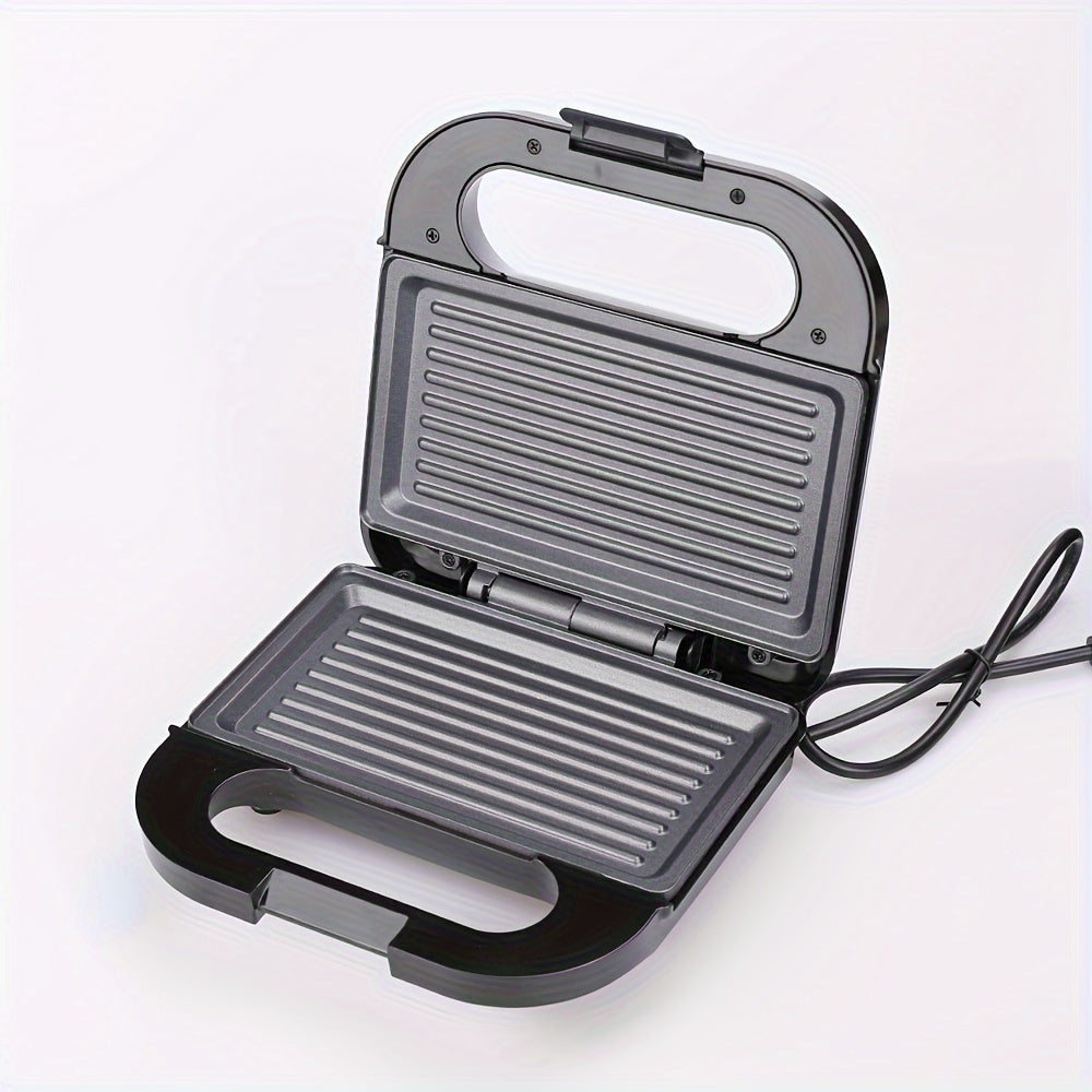 Double-sided 750W sandwich maker with non-stick coating, easy to clean. Ideal for toast, waffles, and veggies. 220-240V US plug.