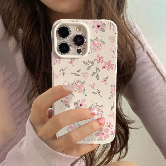 Green leaf pink flower frosted phone case for Apple models, anti-fall with full package protection for various iPhone models.