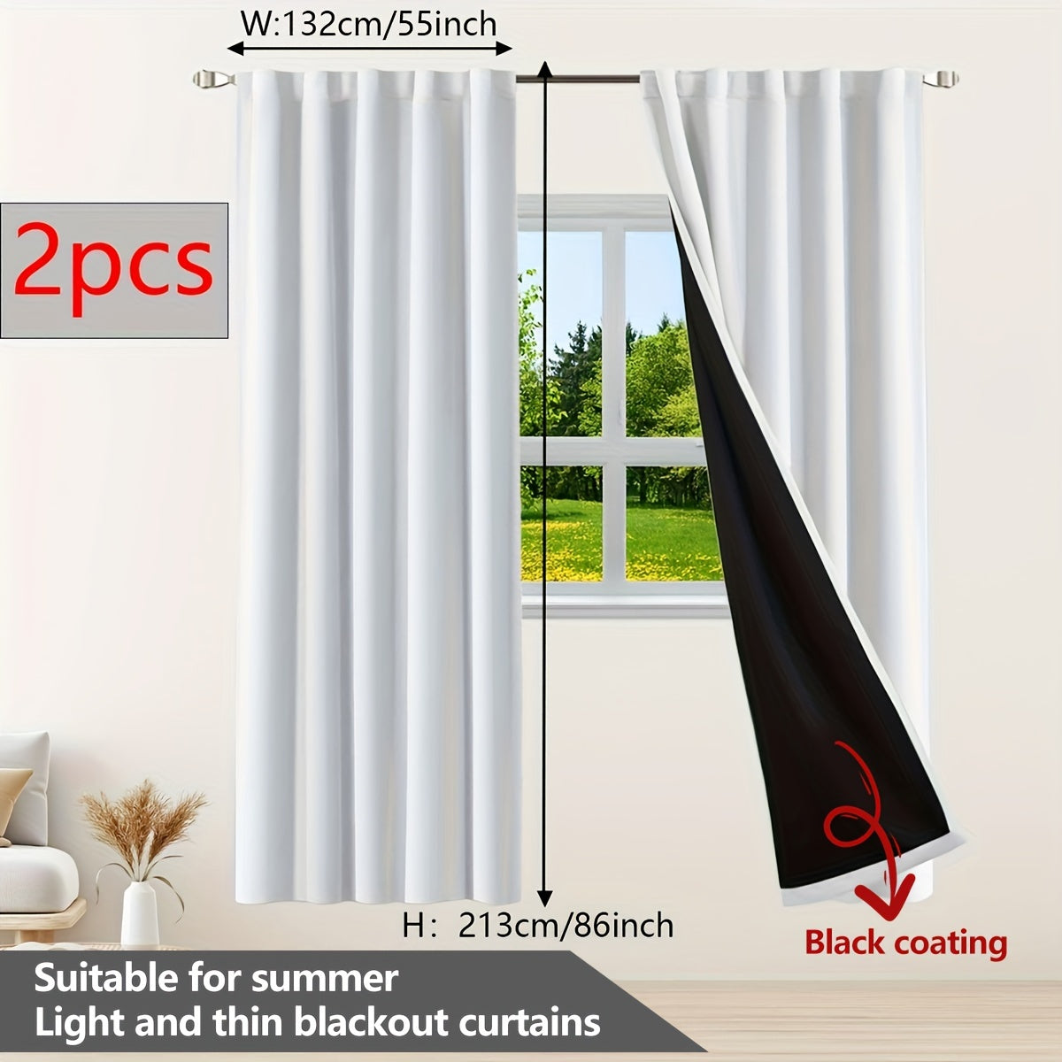 Two pieces of contemporary blackout curtains made from thermal insulated twill weave polyester. They are designed to reduce noise and block out light, making them perfect for the living room, bedroom, or study. These curtains feature a hook and ring rod