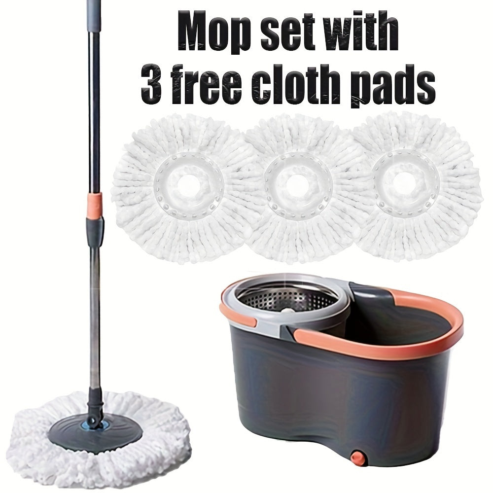 The Spin Mop and Bucket Set includes 3 replacement heads and features stainless steel construction. It can be used for both wet and dry cleaning on hardwood, tile, and marble floors. The easy water separation system ensures efficient cleaning.