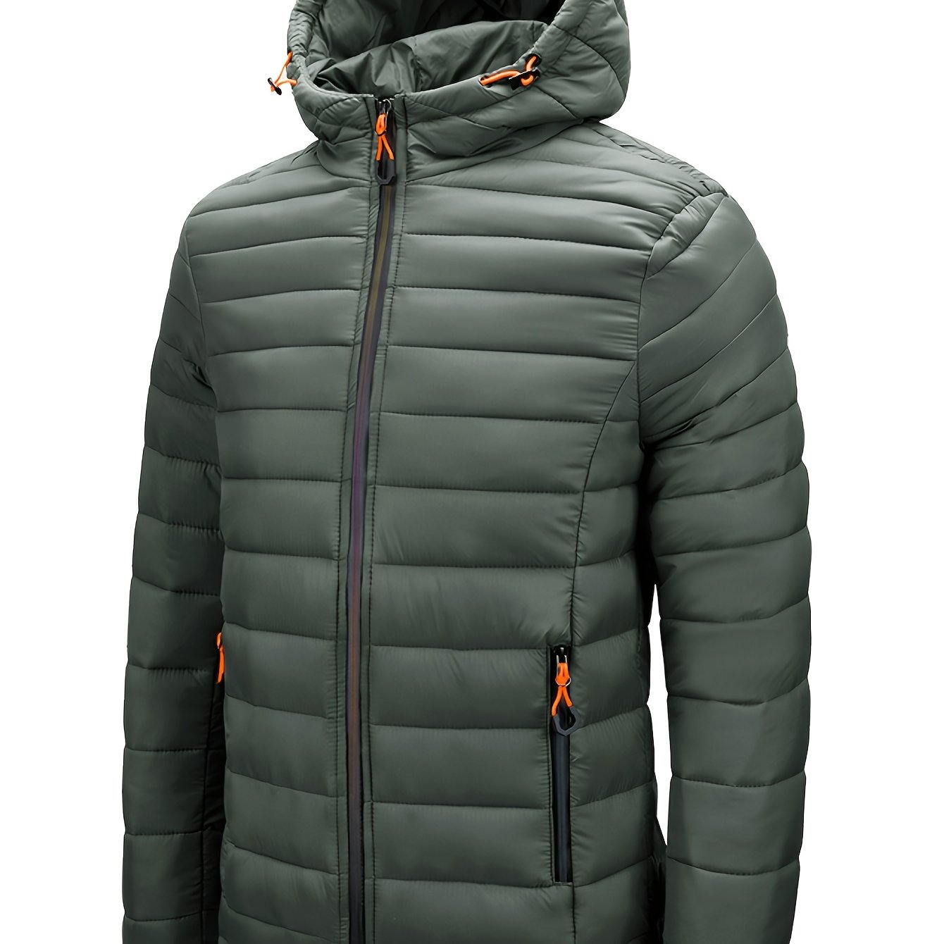 Men's winter hooded jacket with green and orange zipper pockets, made of a warm nylon-polyester blend. Features a full-zip design, ribbed cuff sleeves, and quilted insulation for casual