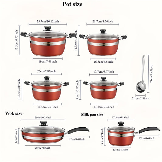 Red Stainless Steel Cookware Set with 13 Pieces - Non-Stick and Heat Resistant Cookware for All Stovetops - Complete with Frying Pan, Saucepan, and Stockpot - Essential, Durable, and Versatile Addition to Your Kitchen