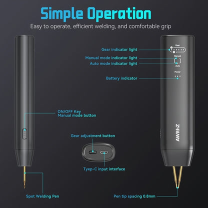 Rechargeable handheld spot welder with 11 adjustable levels, ideal for DIY 18650 batteries and electronic projects. Suitable for both automatic and manual modes, perfect for electronics