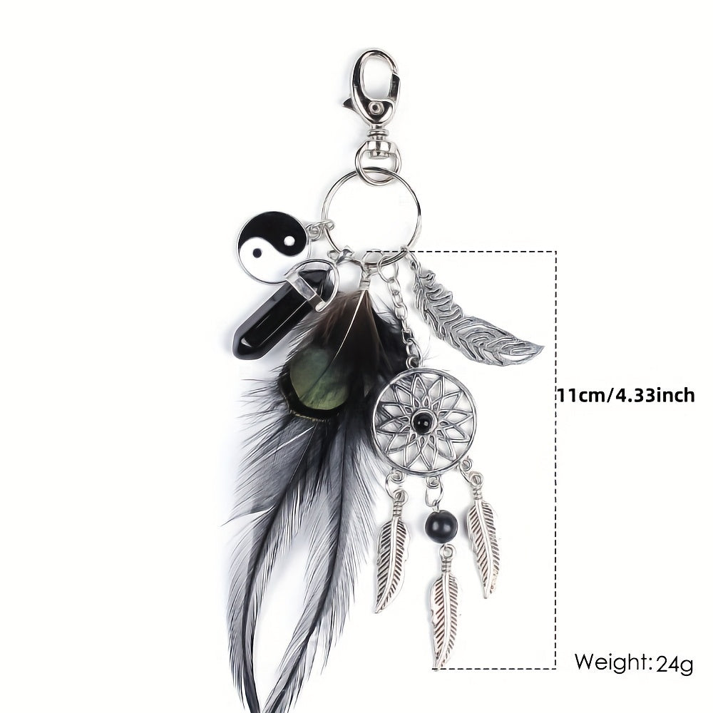 Black Metal Feather & Tassel Charm Boho Dream Catcher Keychain for Bags and Keys - Ideal Valentine's Day Present, Bag Accessory, or Car Pendant