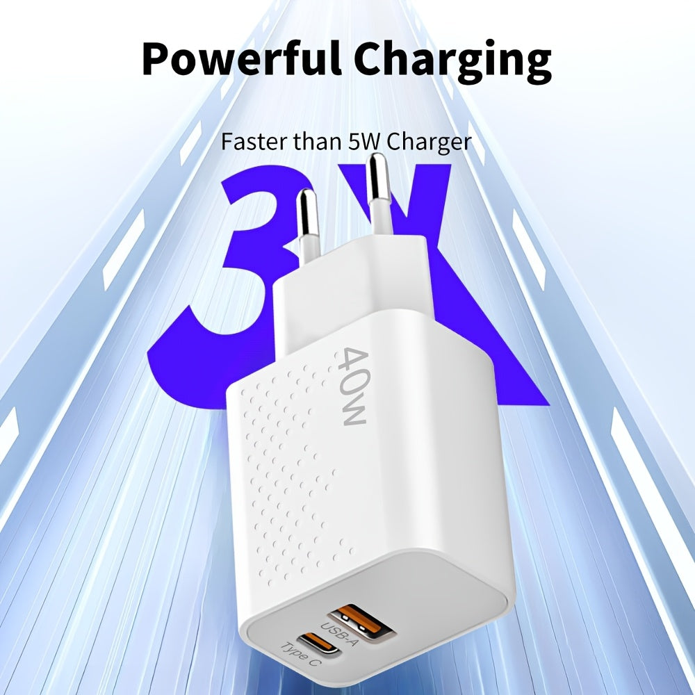 HengYe 40W Dual Port USB-C Wall Charger with fast charging for various devices - Type C plug, includes 100.58cm cable.