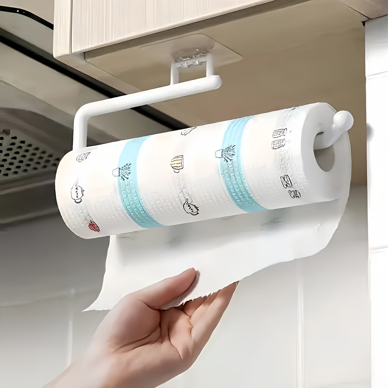 Single wall-mounted kitchen paper towel holder with self-adhesive backing for easy installation, holds paper, film, and cloth, no drilling necessary, suitable for kitchen and bathroom use.