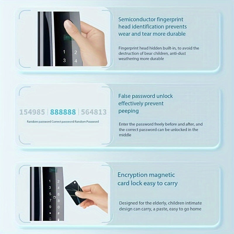 Smart lock with intelligent 3D facial recognition, automatic fingerprint scanning, and password entry for home security.