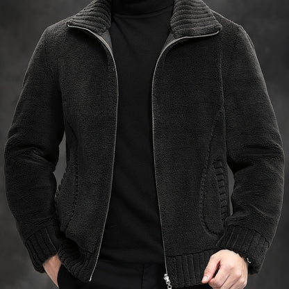 Men's Casual Faux Fur Jacket made of 7% Wool and 93% Polyester with solid color, stand collar, zipper closure, cold resistance, and non-stretch knit fabric. Ideal for hiking and outdoor